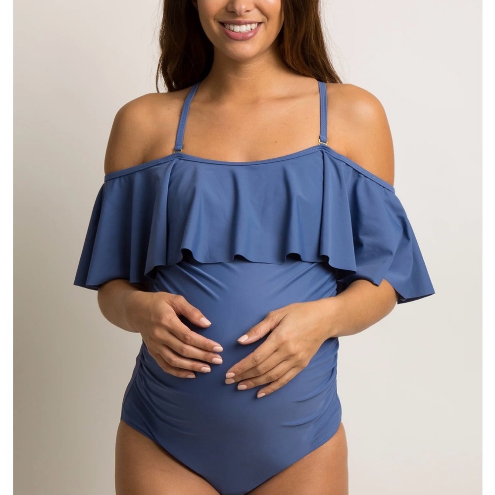 🆕WT PinkBlush Blue Grey Ruffle Trim Ruched One-Piece Maternity Swimsuit, S